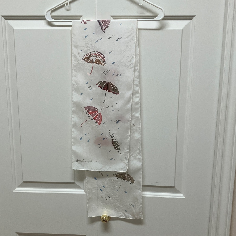 Vintage silk art skinny scarf, umbrella & raindrops, hand painted, cream blue
